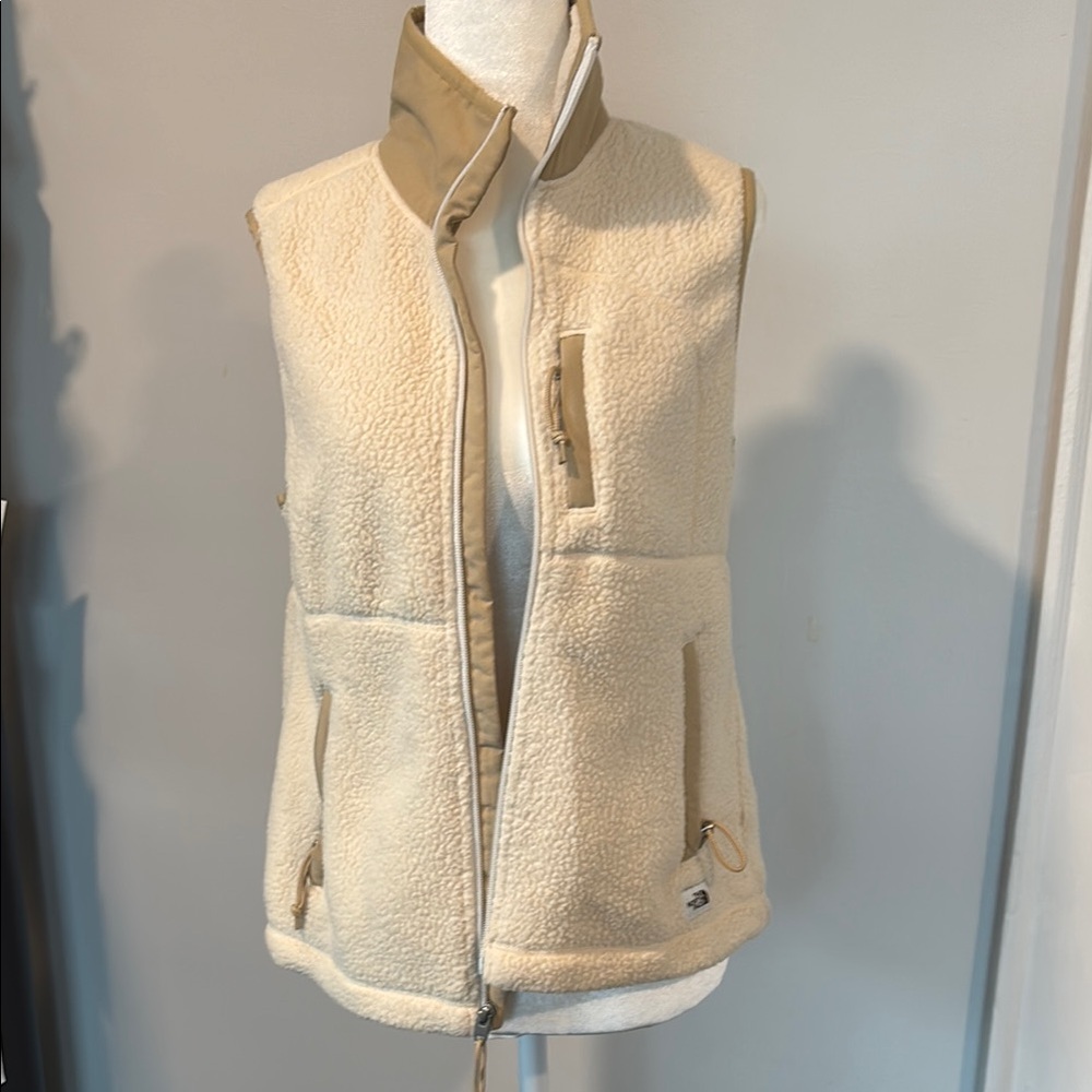 The North Face Cream and Tan Sherpa Vest with High Collar